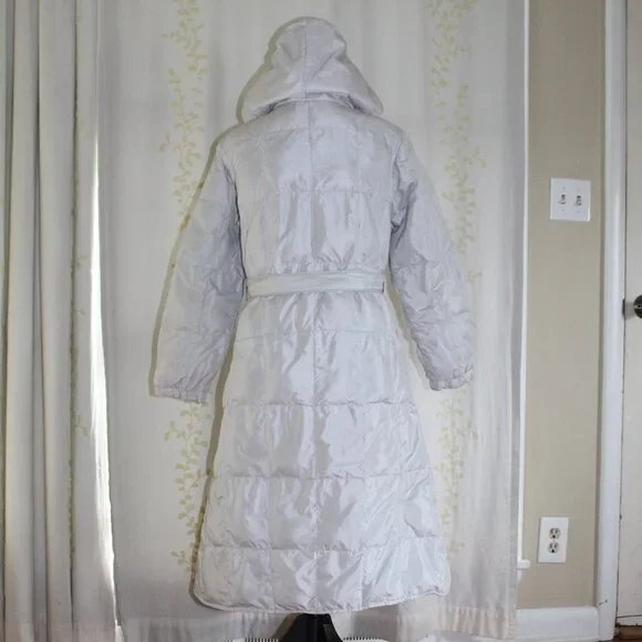 Vintage Sans Egal Sportcaster Hooded Gray Red Long Goose Down Coat Women's M - Picture 2 of 16